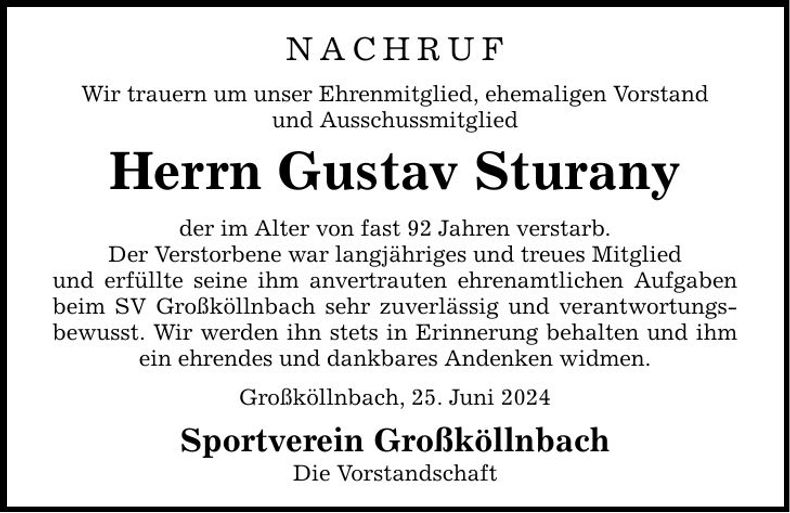 Traueranzeige Gustav Sturany