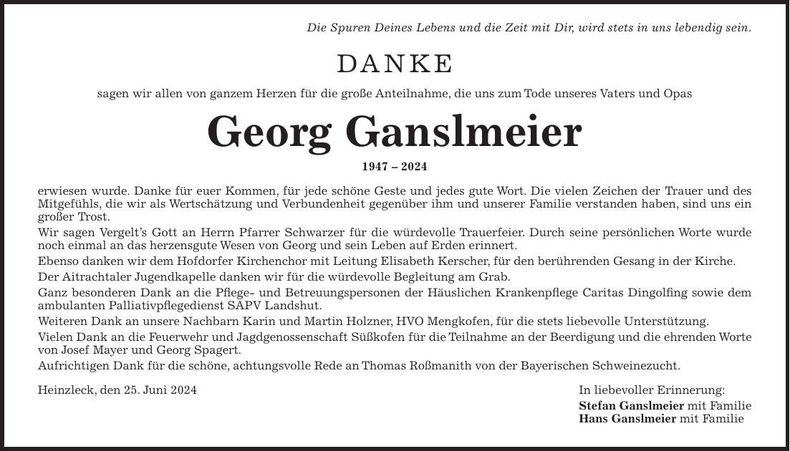 Traueranzeige Georg Ganslmeier