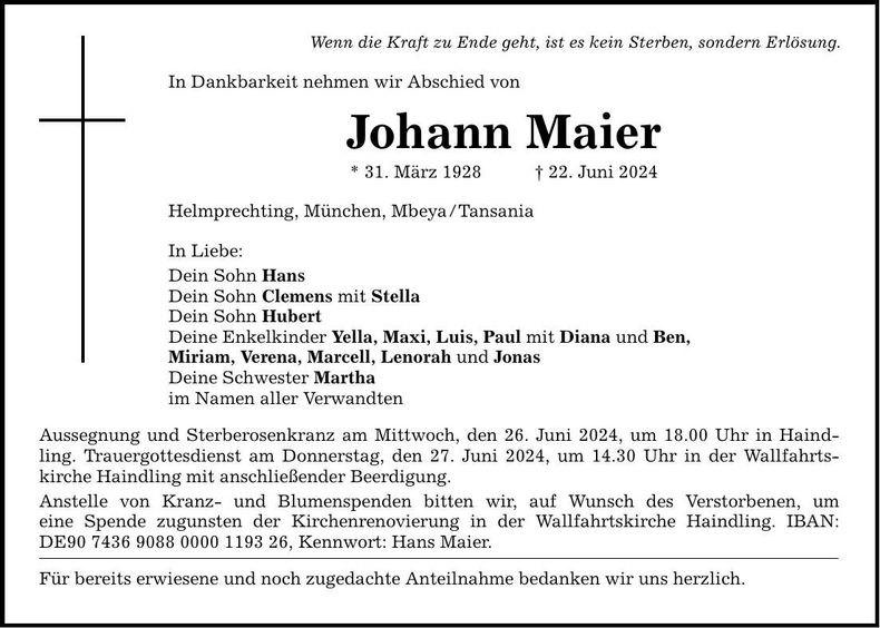 Traueranzeige Johann Maier