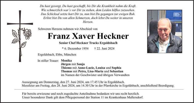 Traueranzeige Franz Xaver Heckner