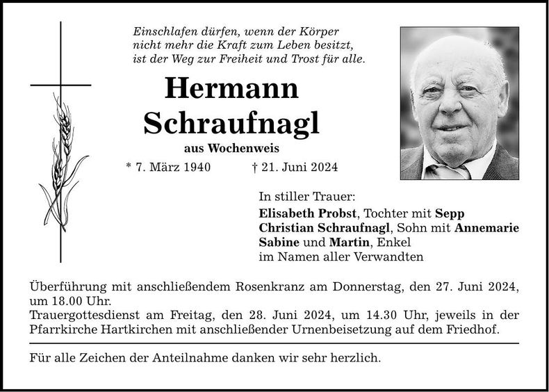 Traueranzeige Hans Schraufnagl