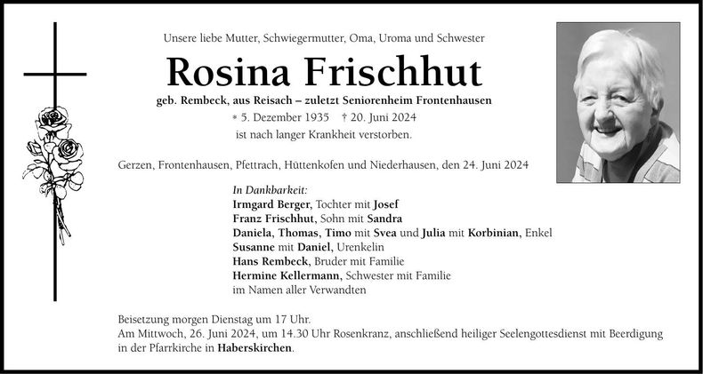 Traueranzeige Rosina Frischhut