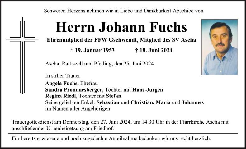 Traueranzeige Johann Fuchs