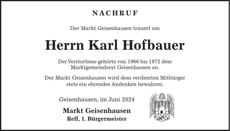 Traueranzeige Karl Hofbauer