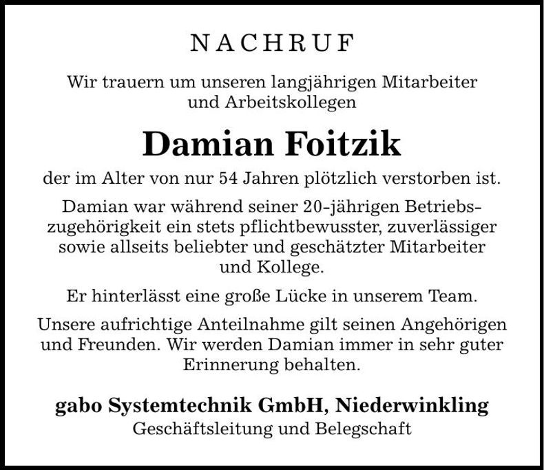 Traueranzeige Damian Foitzik