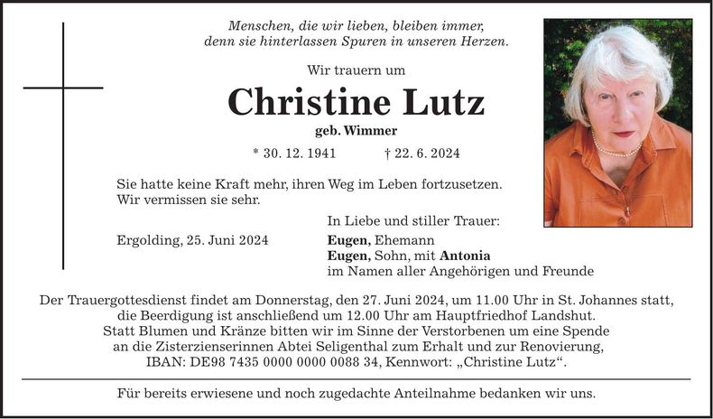 Traueranzeige Christine Lutz