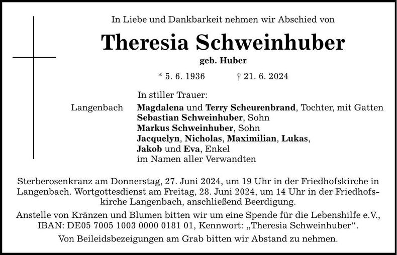Traueranzeige Theresia Schweinhuber