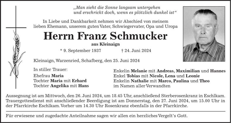 Traueranzeige Franz Schmucker