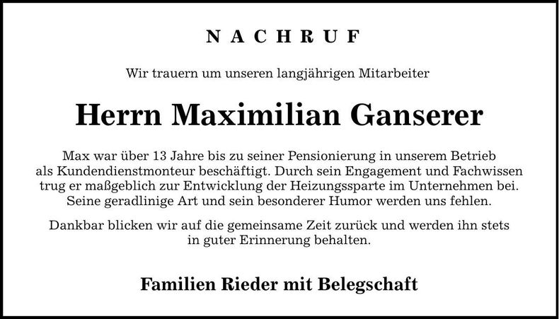 Traueranzeige Maximilian Ganserer