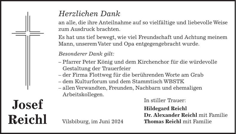 Traueranzeige Josef Reichl