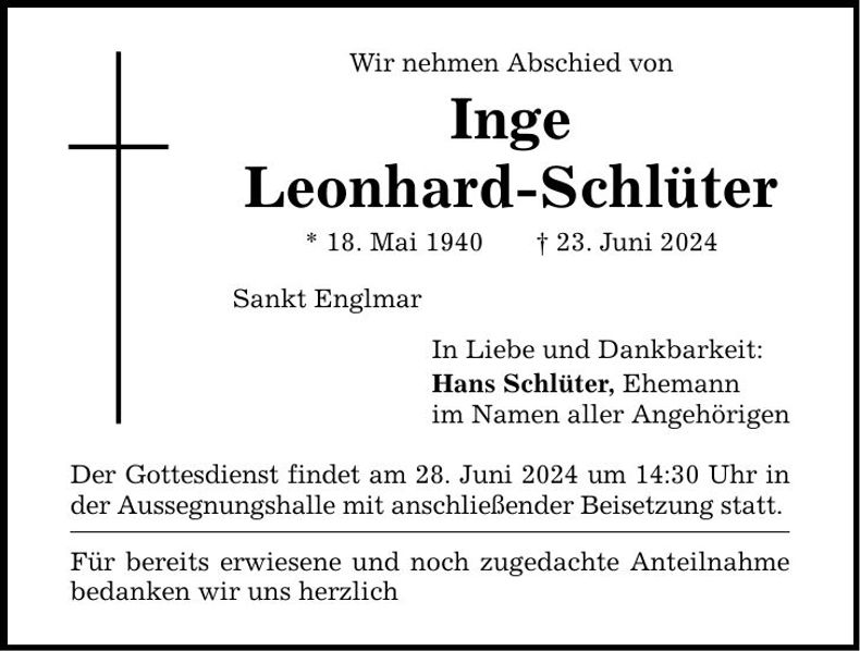 Traueranzeige Inge Leonard-Schlüter