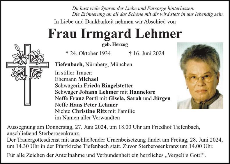 Traueranzeige Irmgard Lehmer