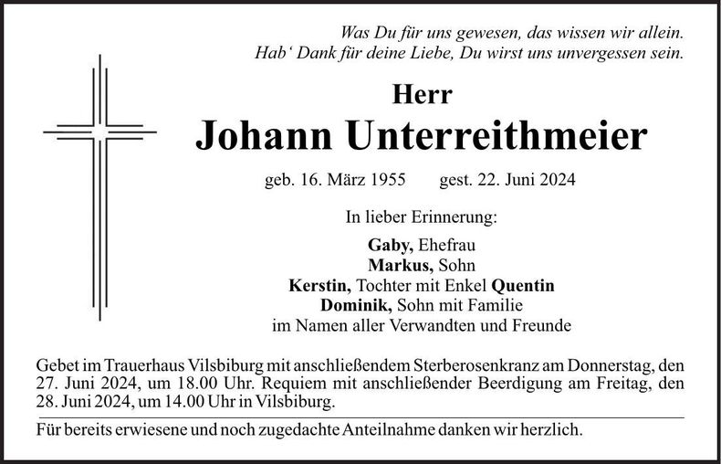Traueranzeige Johann Unterreithmeier