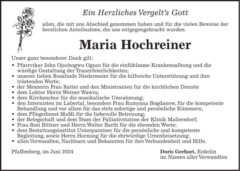 Traueranzeige Maria Hochreiner