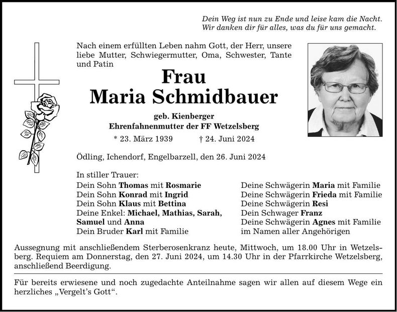 Traueranzeige Maria Schmidbauer