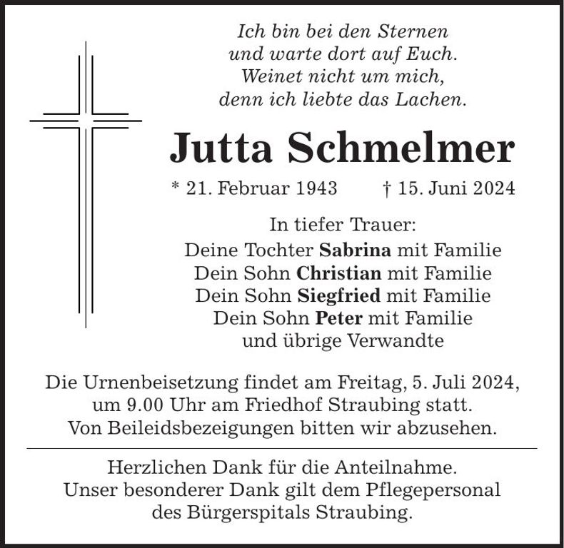 Traueranzeige Jutta Schmelmer