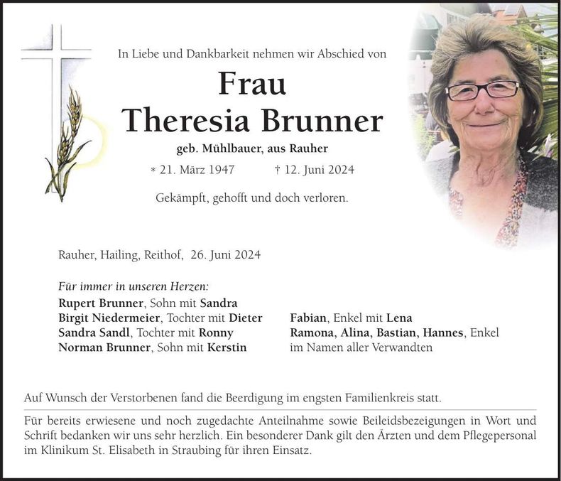 Traueranzeige Theresia Brunner
