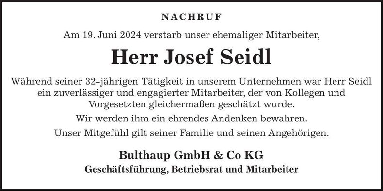 Traueranzeige Josef Seidl