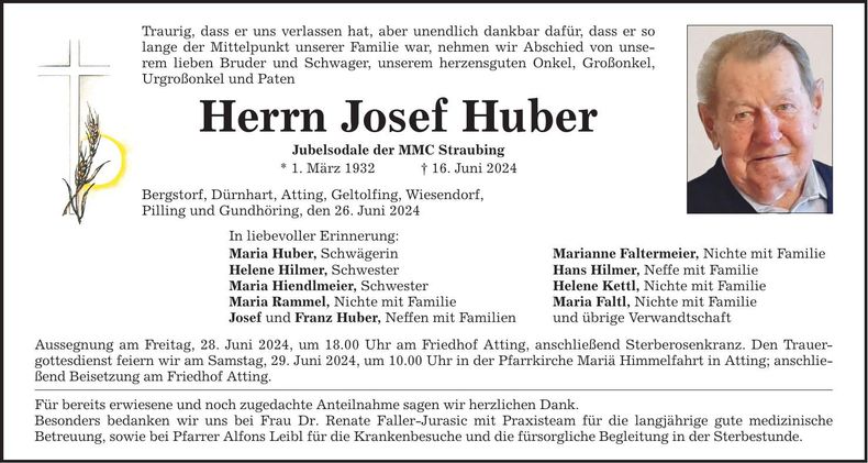 Traueranzeige Josef Huber