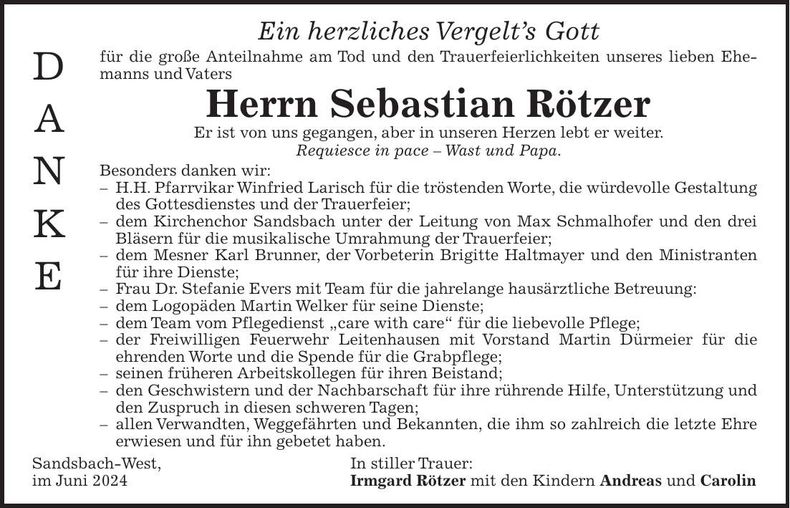 Traueranzeige Sebastian Rötzer