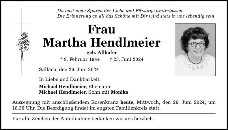 Traueranzeige Martha Hendlmeier