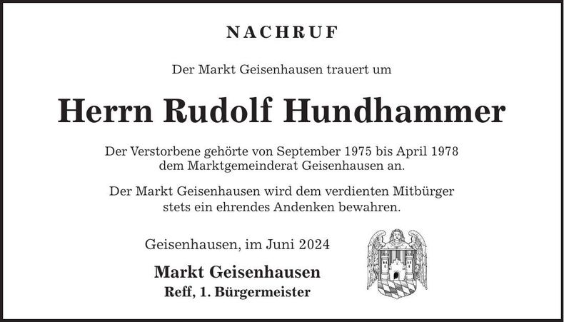 Traueranzeige Rudolf Hundhammer