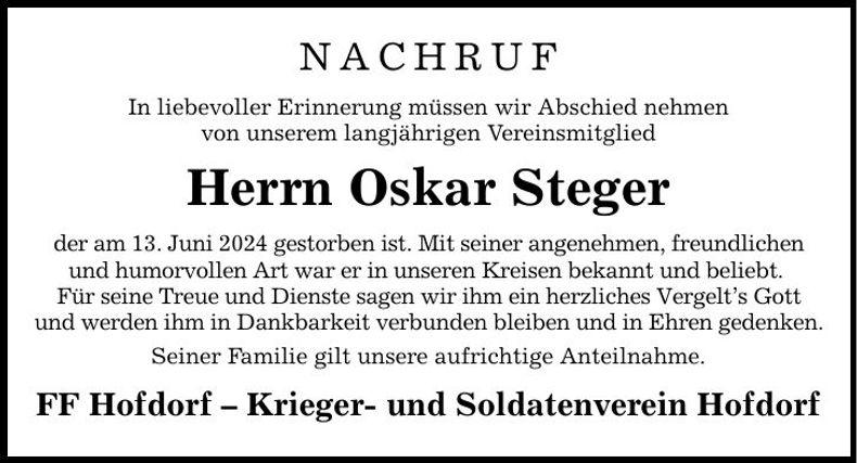 Traueranzeige Oskar Steger