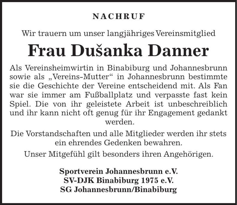 Traueranzeige Dusanka Danner