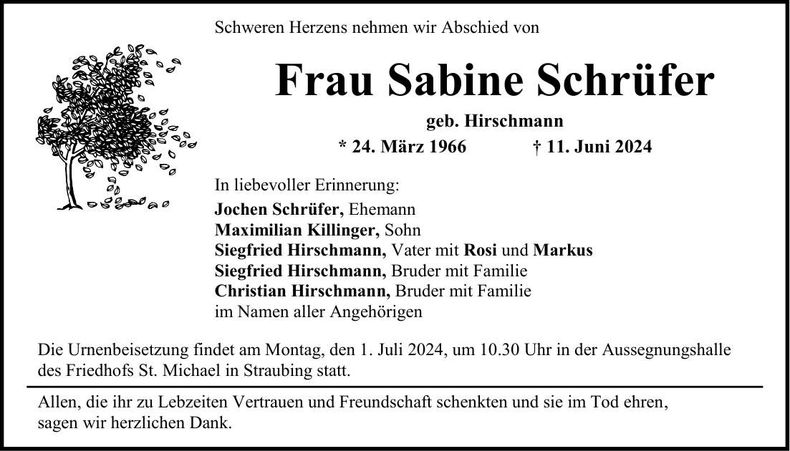 Traueranzeige Sabine Schrüfer
