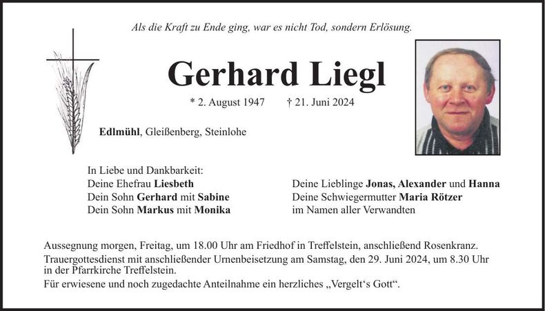 Traueranzeige Gerhard Liegl