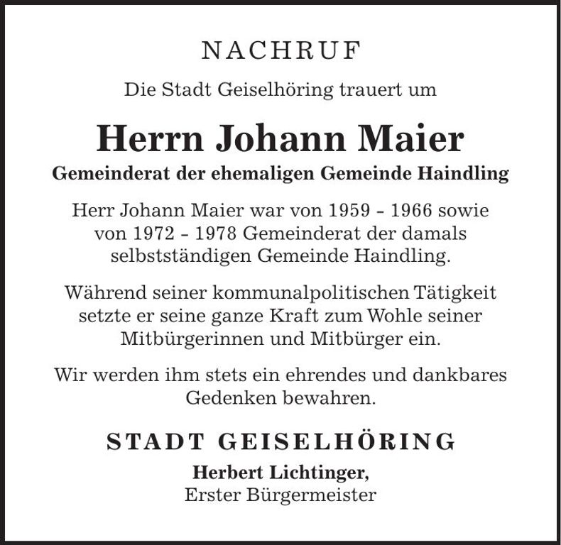 Traueranzeige Johann Maier