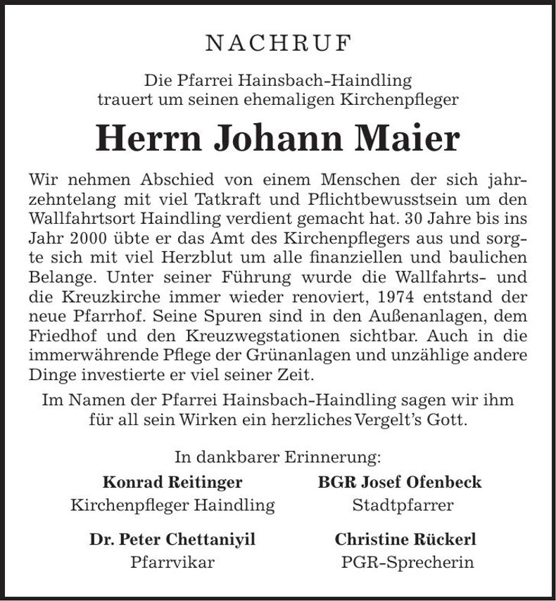 Traueranzeige Johann Maier