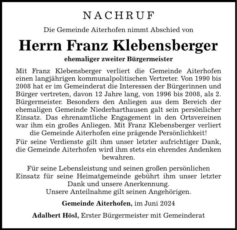 Traueranzeige Franz Klebensberger