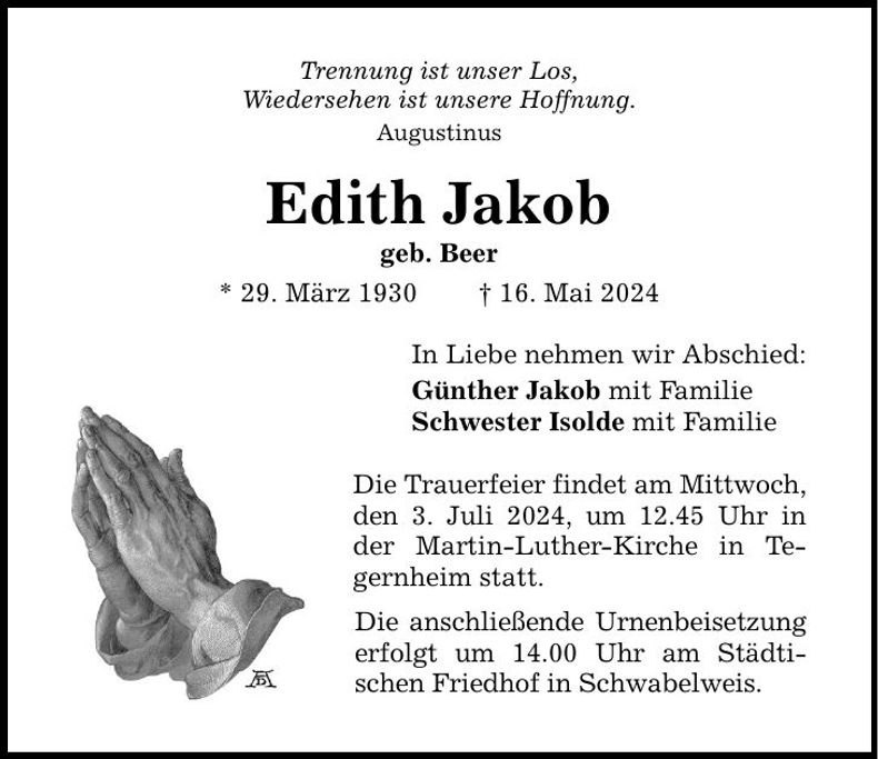 Traueranzeige Edith Jakob