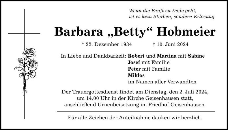 Traueranzeige Barbara Hobmeier