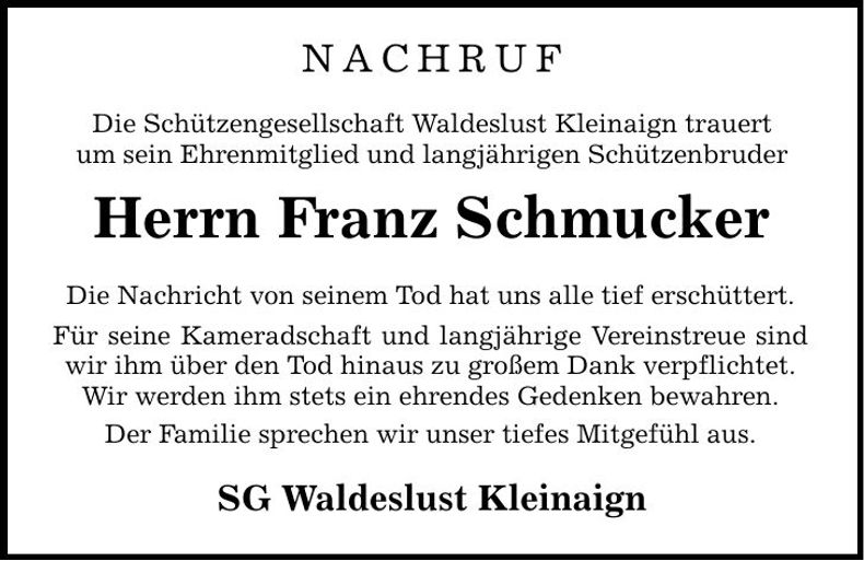 Traueranzeige Franz Schmucker