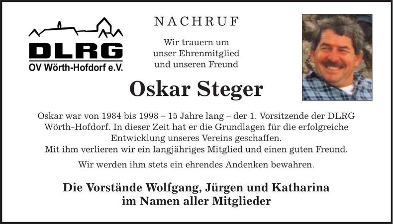 Traueranzeige Oskar Steger