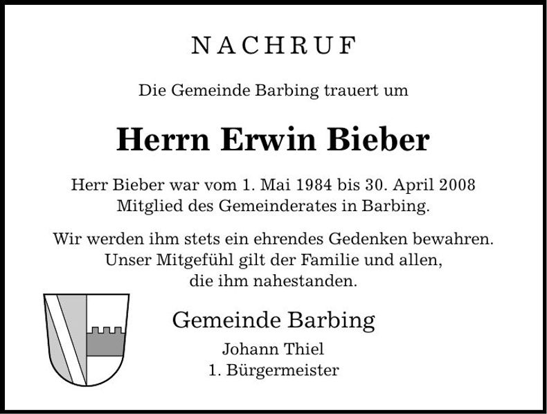 Traueranzeige Erwin Bieber