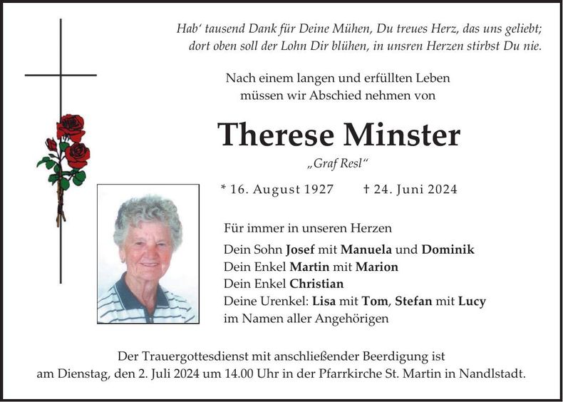 Traueranzeige Therese Minster