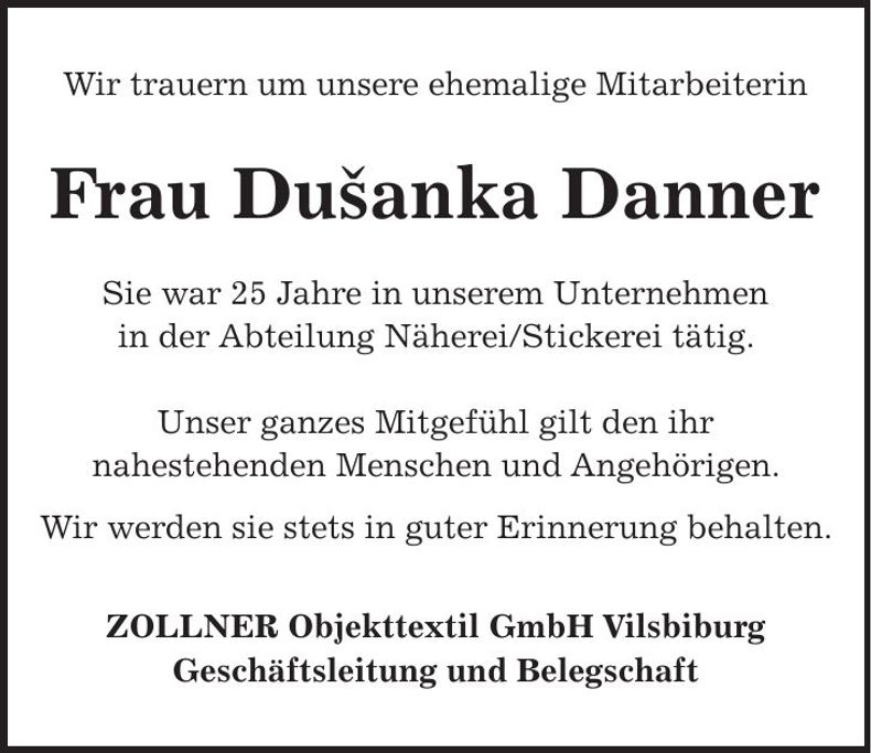 Traueranzeige Dušanka Danner
