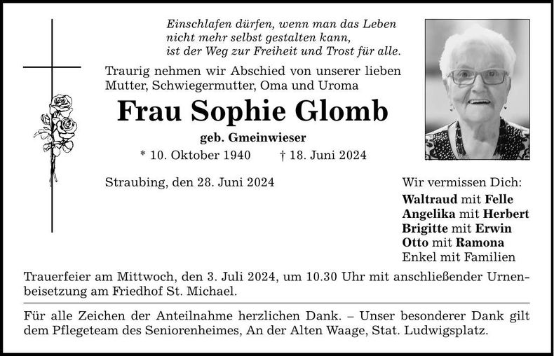 Traueranzeige Sophie Glomb