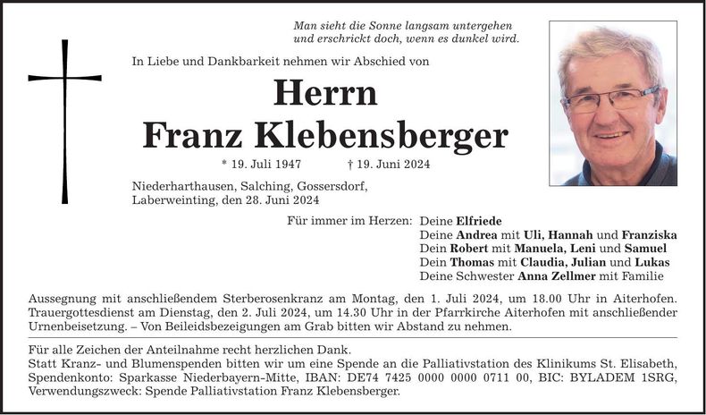 Traueranzeige Franz Klebensberger