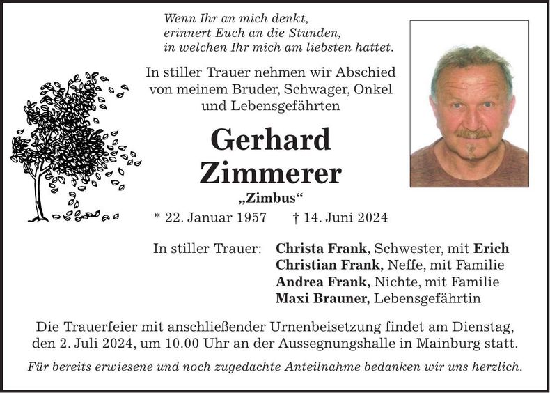 Traueranzeige Gerhard Zimmerer