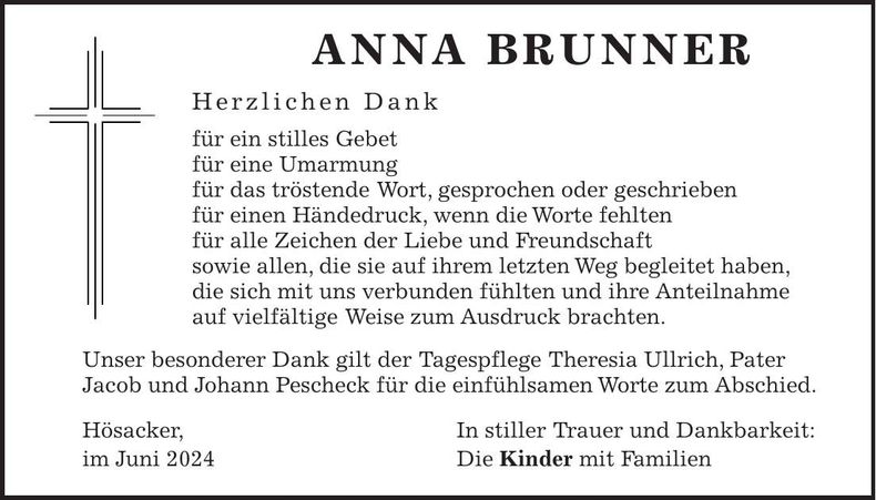 Traueranzeige Anna Brunner