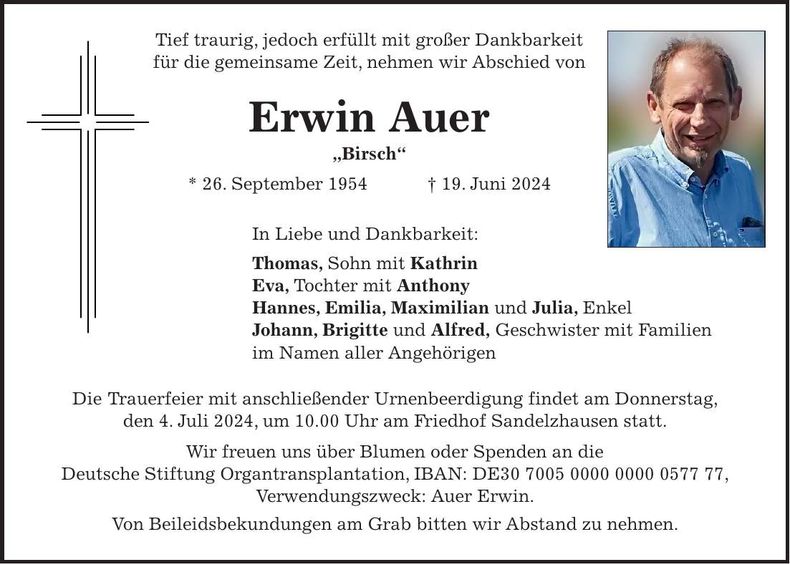 Traueranzeige Erwin Auer