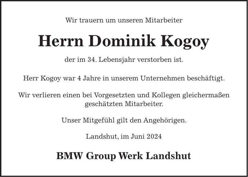 Traueranzeige Dominik Kogoy