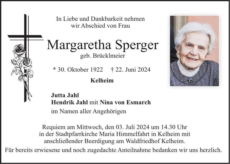 Traueranzeige Margaretha Sperger