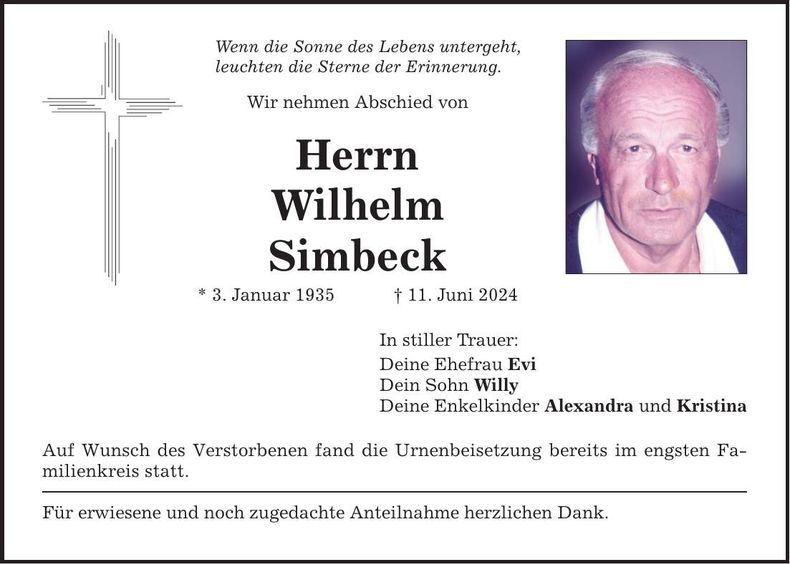 Traueranzeige Wilhelm Simbeck