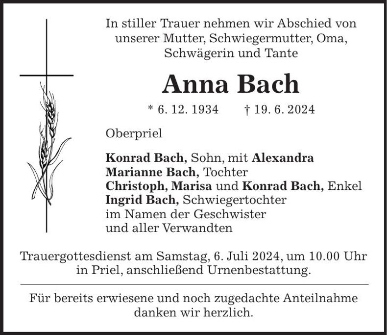 Traueranzeige Anna Bach