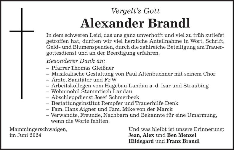 Traueranzeige Alexander Brandl